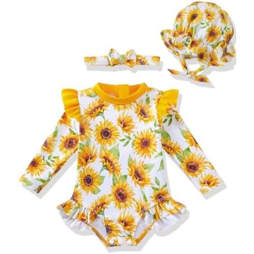 Renotemy Baby Girls Swimsuit Infant Bathing Suit with Hat Zipper Long Sleeve One-Piece Rash Guard Swimwear for Girl 3Month-3T