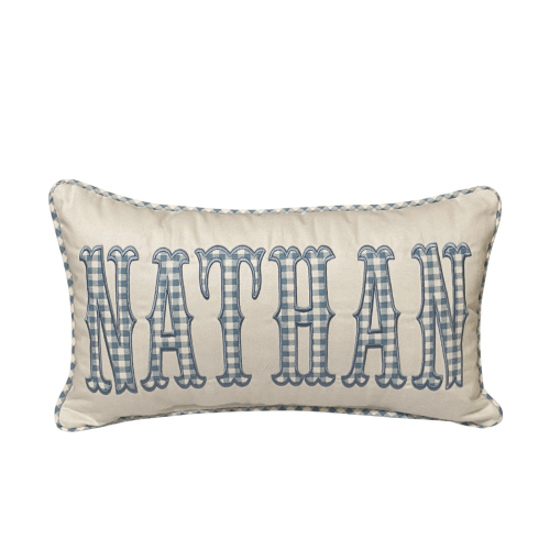 Personalized Gingham Applique Pillow: Custom Name Accent, Blue, Pink, Green, Tan