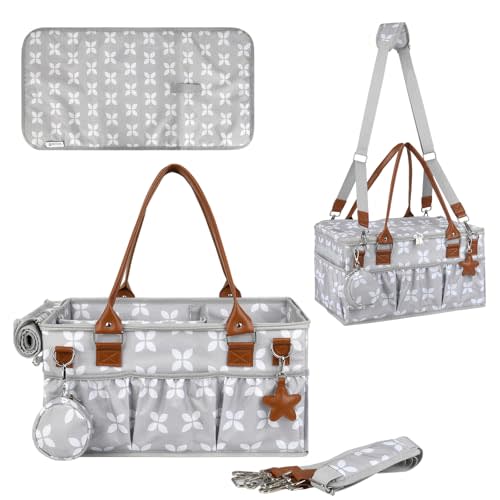 Moteph Diaper Caddy with Changing Mat, Large Baby Diaper Caddy Organizer with Lid, Portable Organizer Basket for Nursery and Car, Shoulder Strap and Pacifier Organizer