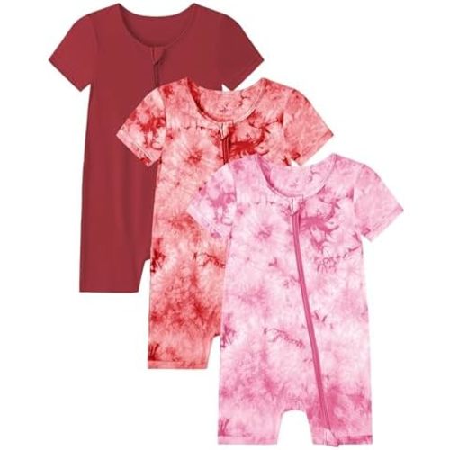 Jimonda Baby Girl Boys Rayon From Bamboo Pajamas 3 Pack Short Sleeve Footless Romper 2 Way Zipper Tie Dye Pjs Sleeper 0-24M