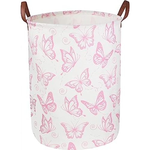CLOCOR Pink Laundry Basket,Waterproof Nursery Hamper for Baby Girl ,Collapsible Storage Baskets for Girls Bedroom,Kids Toys Storage Bin,Room Decor,Gift Basket（Pink Butterfly