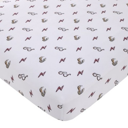 NoJo Warner Bros. Harry Potter White, Red, and Gold Lightning Bolt, Golden Snitch, and Glasses Nursery Fitted Crib Sheet
