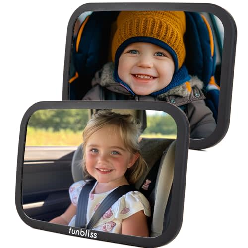 Funbliss Rear Facing Car Seat Mirrors - Shake-proof & Shatterproof Baby Car Mirror for Backseat - Clear Wide View, Easy Install, 2 Pack for Multiple Kids