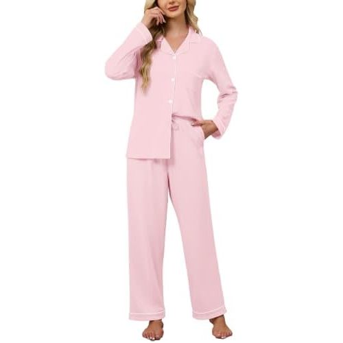 Women's 100% Cotton Pajamas Set Button Down Sleepwear Long Sleeve and Pants With Pockets Ladies Lounge Sets
