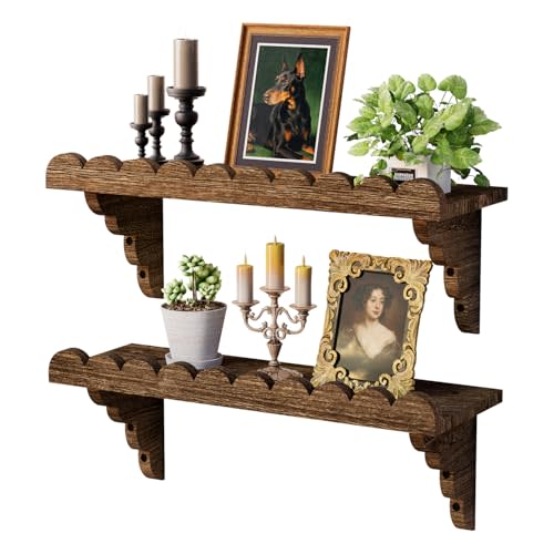 QsQueen Scalloped Wood Wall Shelf  17 Inch Floating Shelf with Wood Brackets, Easy to Install Rustic Wall Shelf for Living Room, Bedroom, Bathroom, or Any Space