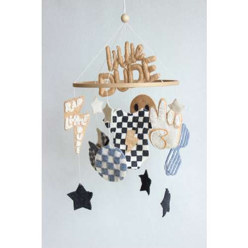 Little dude mobile, smiley face mobile, retro checkered nursery, rad little dude