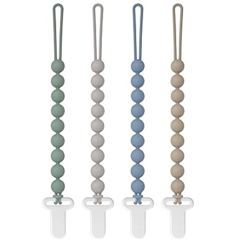 Pacifier Clips Silicone, 4-Pack Pacifier Holder Clip with Stylish Round Design, 100% Food Grade Silicone, Safe Essentials for Newborns Baby Boys and Girls