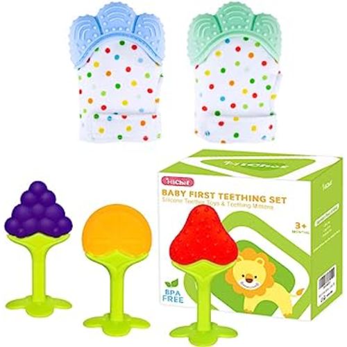 Teething Mittens for Baby (2 Pack) with Baby Teething Toys (3 Pack), Self Soothing Pain Relief Mitt, Silicone Teethers, BPA-Free, Natural Organic Freezer Safe for Infants and Toddlers