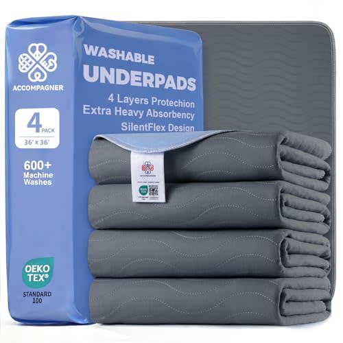 Accompagner Incontinence Bed Pads Washable Waterproof, Ultra-Absorbent Reusable Underpads for Diaper Changing, Nursing, Bedridden, Adults, Seniors, Kids and Dogs (Dark Gray, 36"x36"(Pack of 4))