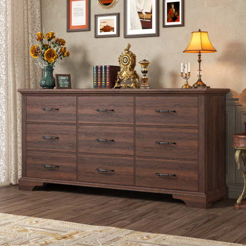 9 Drawer Dresser for Bedroom,Wood Dressers & Chest of Drawers 63" Long Dresser,Solid Wood TV Stand with Large Metal Handle,Rustic Brown