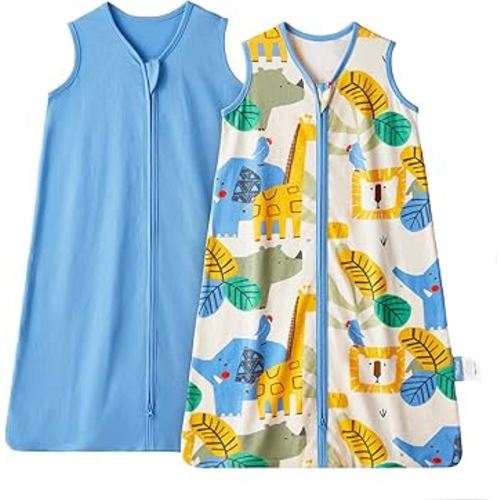 TILLYOU 2 Pack Infant Sleep Sack 0-6 Months 100% Cotton Wearable Blanket 0.5 TOG Sleeveless Summer Sleep Sacks with 2-Way Zipper, Animal Geometry & Blue