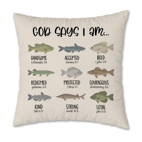 Christian Fish Pillow Cover 18x18, Fishing Nursery Decor, God Says I Am Inspirational Bible Verse Decorative Pillow Cover Pillowcase for Kids Room Playroom Church Nursery Home