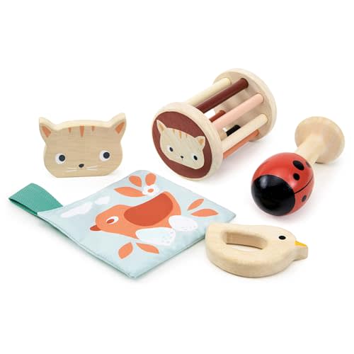 Mentari Toys - 6 Months Garden Playtime Set - Includes Kitten Mirror, Rattles, Bird Teether, and Crinkle Square - Promotes Sensory Play and Motor Skill Growth for Babies - Age 6m+
