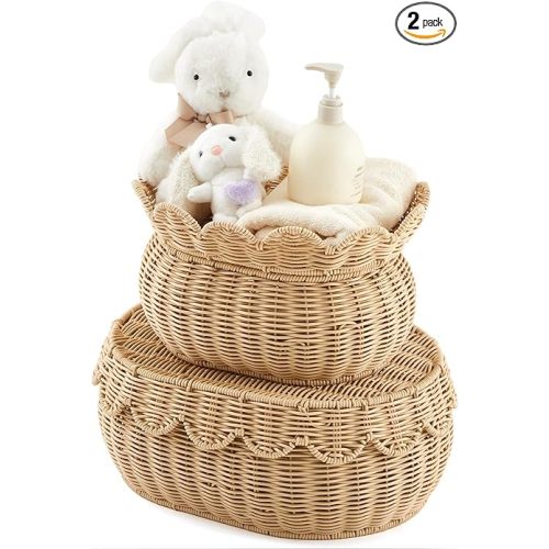 Juexica 2 Pcs Scalloped Rattan Baskets, Baby Diaper Caddy, Woven Rattan Wicker Storage Baskets with Lid for Nursery Storage Diaper Organizer Bathroom Decor (Natural,Small,Medium)