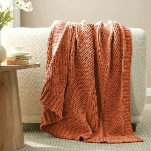 Chenille Chunky Knit Chevron Throw Blanket, Orange-Amelie Home