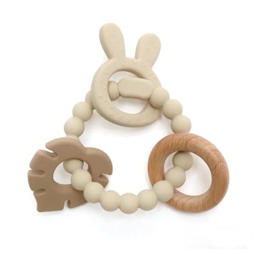 | Bohemian Teether | Baby Teether | Sensory Exploration and Teething Relief | 100% Food-Grade Silicone Teether Toy | BPA Free | Chewbeads | Silicone with Beechwood Ring | (Tan)
