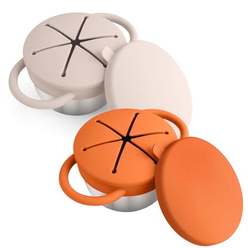 Mity rain 2PCS Stainless Steel Snack Containers for Toddlers | with Spill-Proof Silicone Lids Handles - 3-in-1 Baby Snack Cups, No-Spill Toddler Snack Box (Orange+Beige)