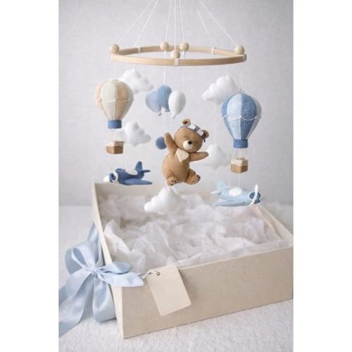 Baby Boy Nursery Mobile, Airplane Teddy Bear Hot Air Balloon Crib Decor, Adventure Sky Hanging Mobile, Handmade Baby Room Decoration (1 Sky Blue & Beige,Crib Holder)