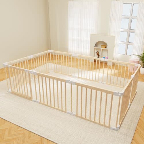 Baby Playpen, Foldable Wooden Play Yard with Gate, Playpen for Babies and Toddlers, Adjustable Baby Activity Center with Child Proof Lock, Fence Play Area for Toddlers 6 to 36 months(56*83*24inch)