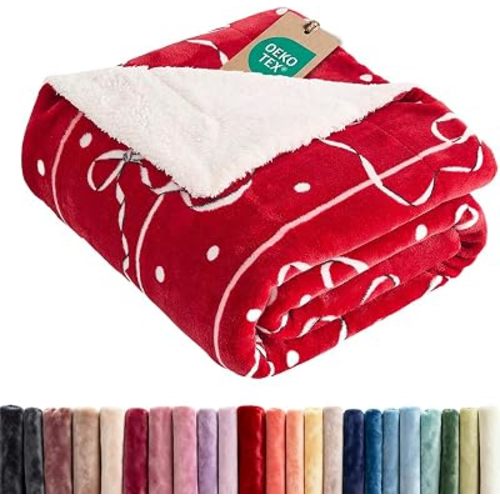 Christmas Sherpa Blanket Twin Size, Reversible Blanket - Ivory Bows, 60x80