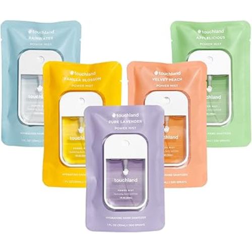 Touchland Hydrating Hand Sanitizer Spray, BLOSSOM 5 Set (Lavender, Vanilla, Rainwater, Peach, Applelicious), 1 FL. OZ. Travel Size Power Mist Sprays (Set of 5)