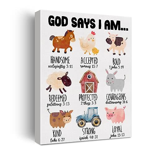 Hijie Inspirational Motivational God Says I Am Poster Canvas Wall Art for Nursery Home Decor Christian Farm Animals Canvas Print Painting Ready to Hang Gifts - Easel & Hanging Hook 12x15 Inch