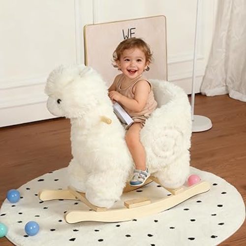 KEIKI Alpaca Ride-On Rocking with Lullaby Song, Hand Puppets, Safety Belt, Plush Rocking Horse for Ages 1-3, Interactive Kids Rocker, White