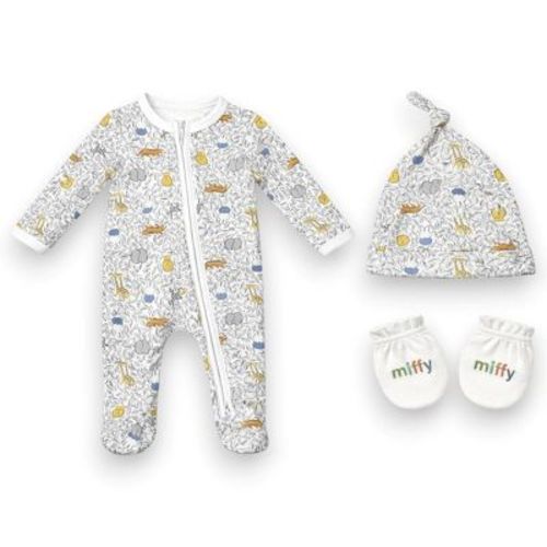 Miffy Baby Boys’ 3-Piece Ultra-Soft Sleep N’ Play Coverall, Beanie & Mitten Layette Set, White/Animals, 6 Months