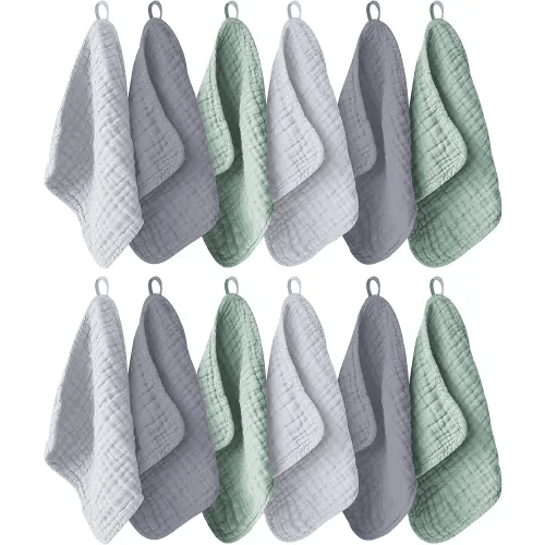 12 Pack Muslin Washcloths for Baby - 100% Cotton Baby Wash Cloths for or Baby Face Body Comfy and Soft for Newborn Infants Kids Girls and Boys - 12"x12" - Grey, Green and Slate