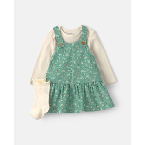 Baby Girl 3-Piece Bow Floral Corduroy Long-Sleeve Dress Set - Green/Cream | Carter's