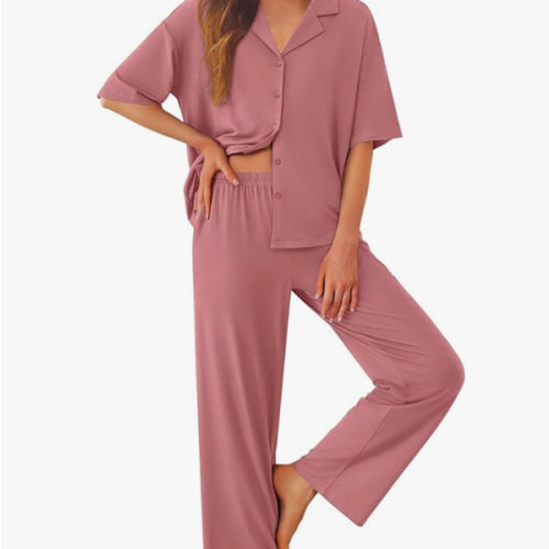 Ekouaer Women Pajamas Set Button Down Sleepwear Short Sleeve Pjs Long Pants