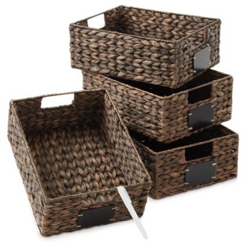 Casafield  Water Hyacinth 10" x 13" x 5" Pantry Baskets with Chalkboard Labels and Marker - Espresso, Woven Storage Organizer Bins