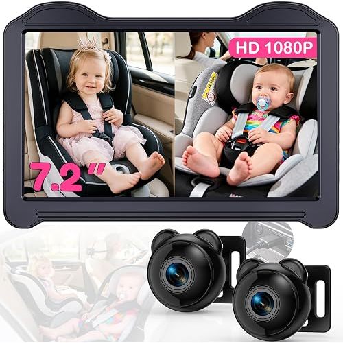 1080P Dual Baby Car Camera for 2 Kids: 7.2'' Split Screen Monitor for Twins | HD Day & Night Vision Car Seat Camera - Delivering Clear Face & Body View on Road Trip & Daily Commutes