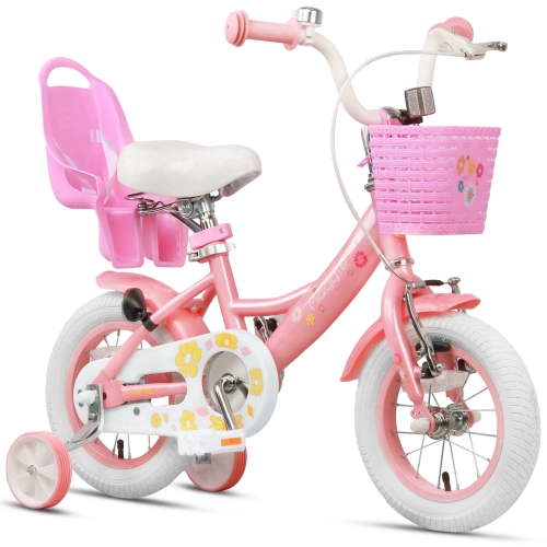 Glerc Maggie 12 inch Kids Girls Bike for Ages 2-4 Years Old Children, Princess Style Kids Bicycle with Doll-Seat & Basket & Training Wheels, Pink & White