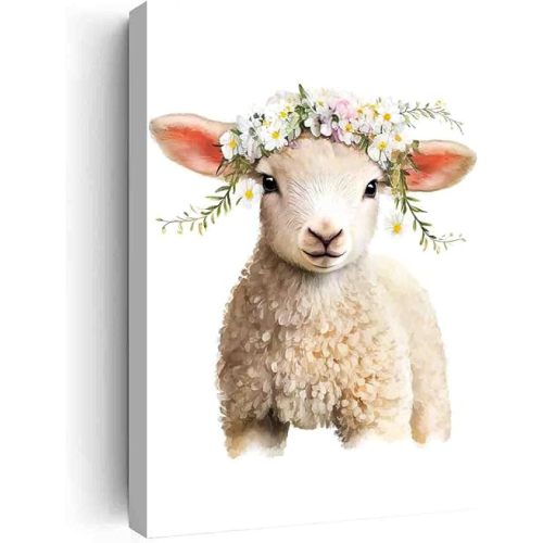 Sheep Lamb Flower Crown Botanical Farmhouse Animal Nursery Wall Art Print Decor,Woodland Nursery Decor Safari Nursery Woodland Animals Themed Painting-8"x12" canvas print with frame