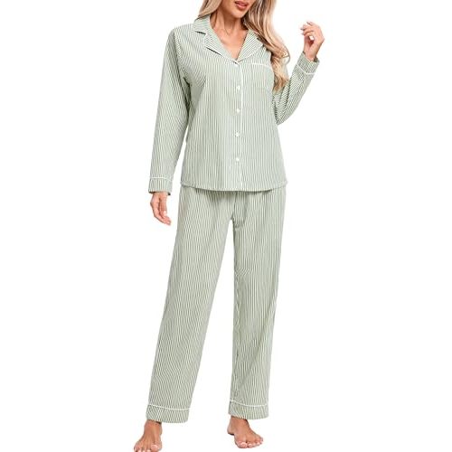 LUBOT 100% Cotton Pajamas for Women 2 Piece PJ Set Woven Poplin Ladies Button Long Sleeve Lightweight Sleepwear XS-XXL