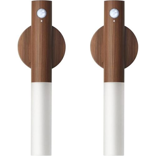 Wooden Motion Sensor Lights Indoor - Magnet Body Hallway Rechargeable LED Wireless Battery Operated Wall Sconce, Portable Decor Torch Night Lighting for Bedroom (Walnut Wood 2PCS)
