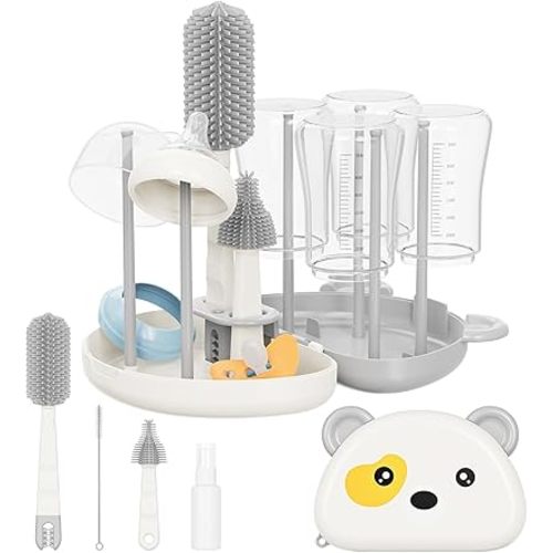 Baby Bottle Brush Set - 7 in1 Travel Bottle Cleaner Kit with Silicone Brush, Nipple Brush, Straw Brush, Bottle Drying Rack, Soap Dispenser, Storage Box, Baby Travel Essential Gift for Parents (Grey)