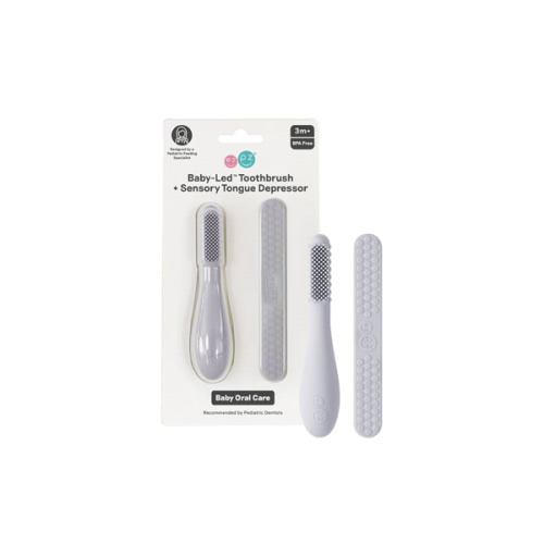 ezpz Baby-Led Toothbrush + Tongue Depressor Dual Pack (Pewter) - 100% Silicone Toothbrush + Silicone/Stainless Steel Tongue Depressor - Helps Set-up Infants for a Healthy Oral Care Routine