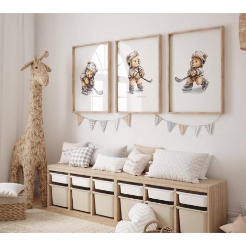 Hockey Teddy Bear Nursery Art Prints: Set of Three, Unframed