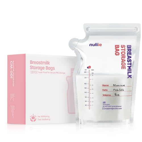 Nuliie 120 Pcs Breastmilk Storage Bags Freezer, 8 OZ Breast Milk Storing Bags, BPA-Free, Milk Storage Bags with Pour Spout for Breastfeeding, Self-Standing Bag, Space Saving Flat Profile