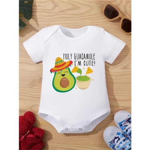 Cute Avocado And Straw Hat Cartoon Print Kids' Romper Soft Short Sleeve Crew Neck Romper for Kids And Teens Spring/Summer Perfect Kids' Clothing Outdoor Perfect, for Outdoor