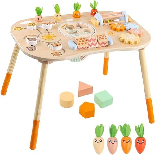 Wooden Activity Table for 1 Year Old Toddlers Sensory Table Activity Center 1-3 2 Baby Activity Table Kids Gift Game Wooden Montessori Table Shape Sorter Sensory Toys (Length*Height: 17"*11.8")
