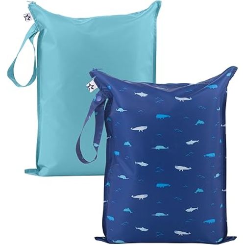 Tiny Twinkle Mess Proof Wet Bags | 2-Pack Reusable Waterproof Wet Bags for Swimsuits | Baby Clothes | Travel & Diaper Bag (Ocean)