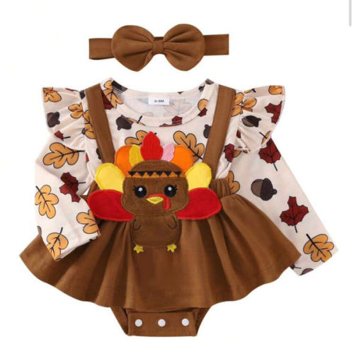 Baby Girl Christmas Halloween Outfit, Santa Ghost Turkey Patch Flying Long Sleeve Romper Dress Bow Headband 2 Piece Set For Fall