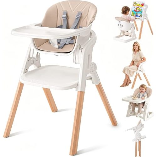 4-in-1 Foldable Baby High Chair, Convertible Wooden Highchairs for Babies and Toddlers, Baby Feeding Chair with Adjustable Heights, Removable Tray & Easy-to-Clean Seat Cushion, Toddler Stool (Beige)