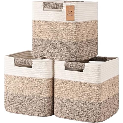 11 Inch Storage Cubes, 3 Pack Cube Storage Bins for Organizing, Cotton Rope Woven Baskets for Shelves, Bathroom, Kids Room, Closets, Baby Nursery