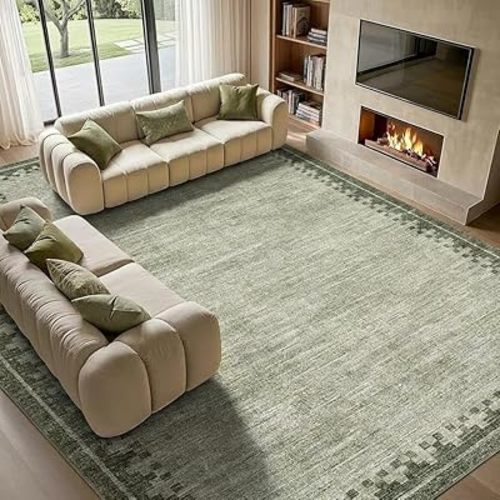 GarveeHome 9x12 Washable Living Room Area Rugs Non Slip Modern Bordered Bedroom Throw Carpet Soft Stain Resistant Geometric Dining Room Rug Low Pile Cross Carpets for Nursery Dorm Home Office, Green