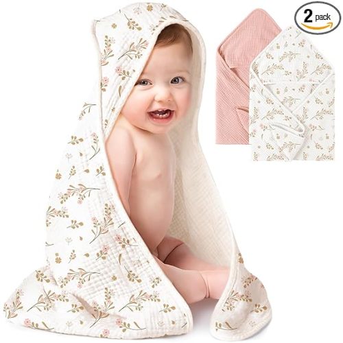 Konssy 2-Pack Muslin Hooded Baby Towels, 100% Cotton, Ultra-Soft & Absorbent Baby Bath Towels with Hood for Newborn & Infant (Pink, Floral,32" x 32")