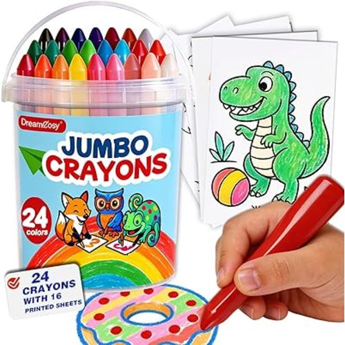 Triangle Jumbo Crayons for Toddlers 1-3, 24 Colors Washable Crayons with 16 Printed Coloring Sheets, Easy to Hold Non-Toxic for Kids Ages 4-8, Safe Art Supplies for Boys Girls